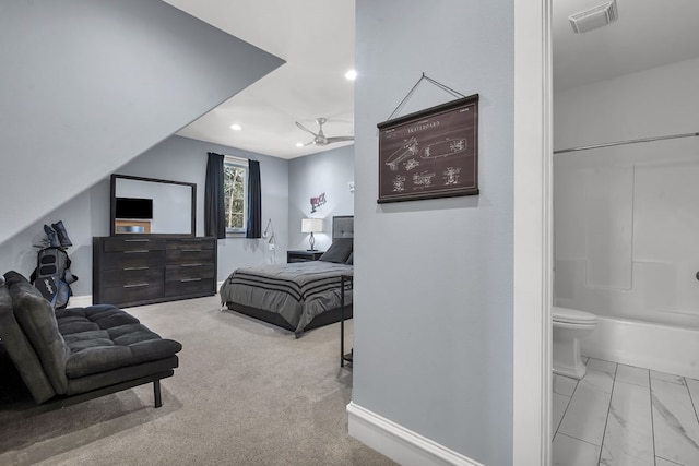 bedroom featuring baseboards, visible vents, recessed lighting, ensuite bathroom, and carpet flooring