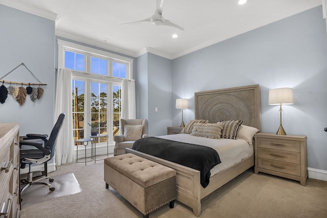 bedroom with recessed lighting, crown molding, baseboards, light colored carpet, and ceiling fan