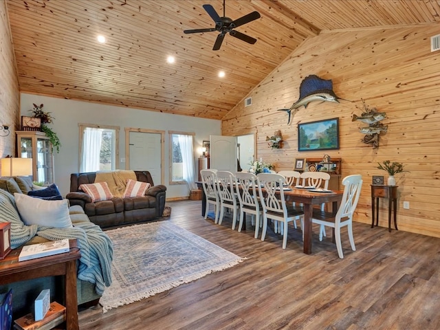 interior space featuring high vaulted ceiling, wood finished floors, ceiling fan, and wood ceiling