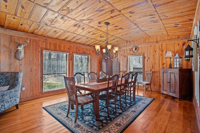 dining room with a notable chandelier, wood ceiling, wood walls, light wood-style flooring, and lofted ceiling
