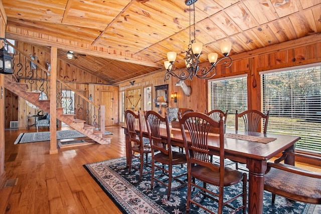 dining area featuring wood ceiling, wood walls, and a wealth of natural light
