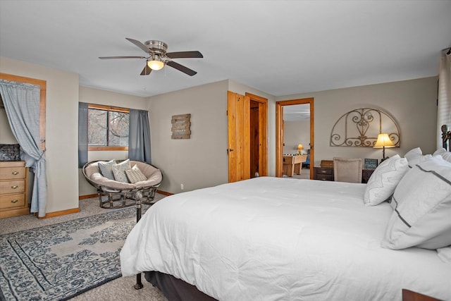 bedroom with baseboards, carpet flooring, and ceiling fan