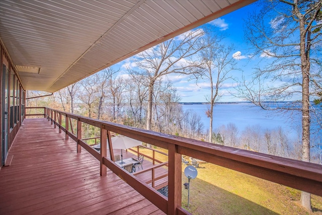 wooden terrace featuring a water view