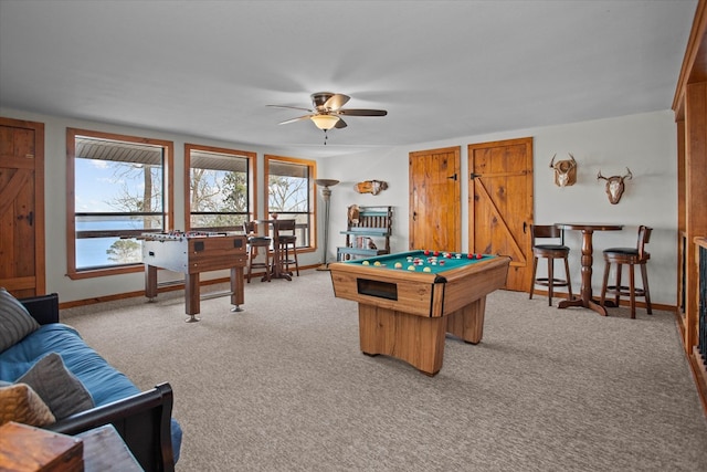 recreation room featuring pool table, baseboards, and carpet floors