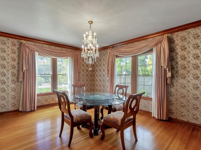 dining room with a chandelier, light hardwood / wood-style flooring, and a wealth of natural light