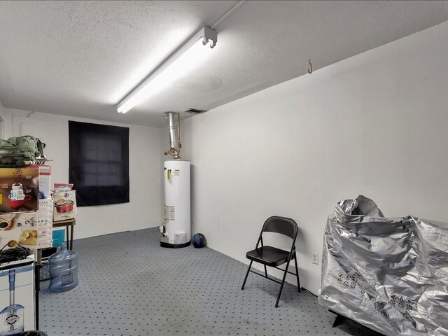 basement with a textured ceiling, gas water heater, and carpet floors