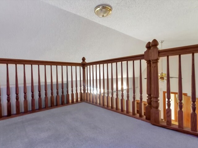 interior space with carpet floors and a textured ceiling