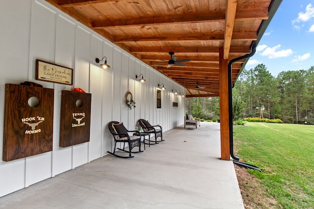 view of patio / terrace featuring ceiling fan and covered porch