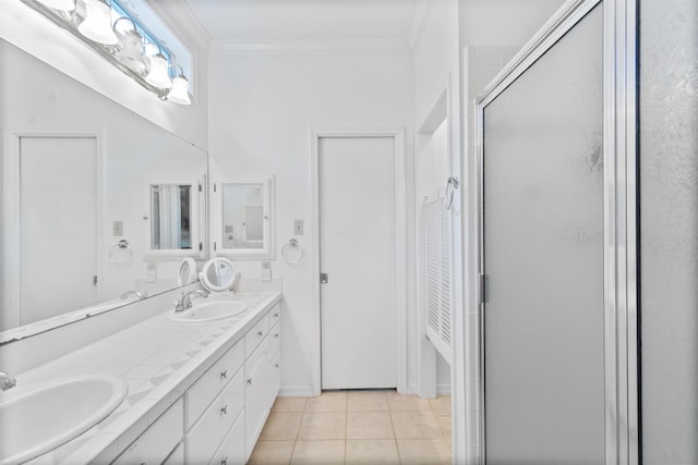 bathroom featuring vanity, tile patterned floors, walk in shower, and ornamental molding