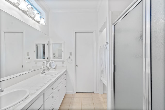 827 Duffer Dr, Brookeland, TX 75931 - bathroom featuring a stall shower, double vanity, ornamental molding, and tile patterned flooring