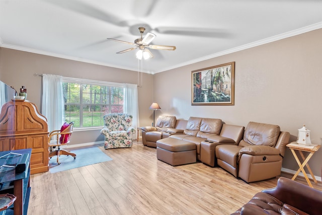 living room featuring light hardwood / wood-style floors, ceiling fan, and crown molding