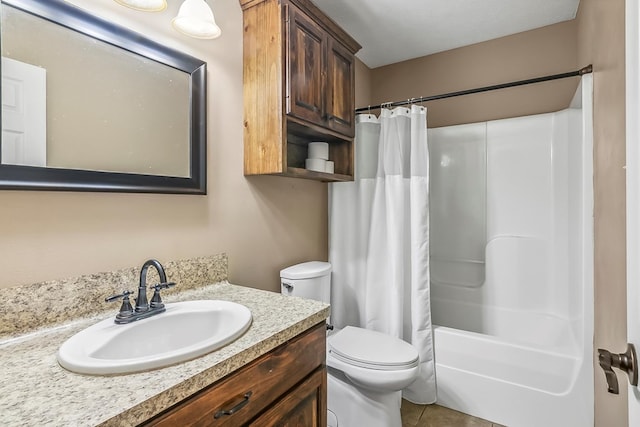 full bathroom with tile patterned flooring, vanity, toilet, and shower / tub combo with curtain