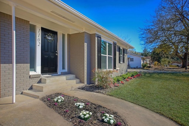 view of exterior entry with brick siding and a yard