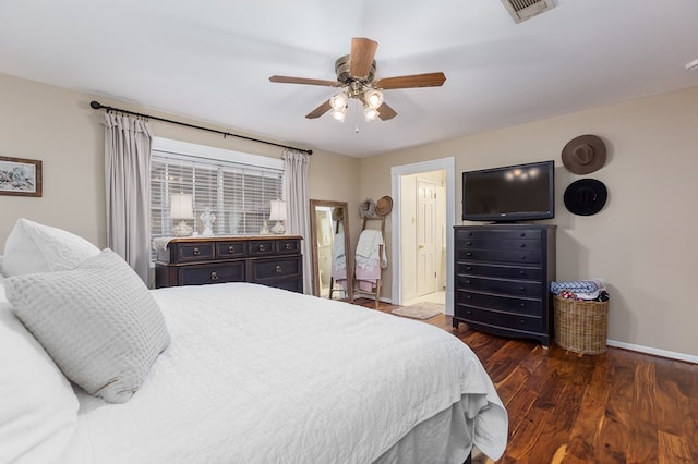 bedroom featuring ceiling fan and dark hardwood / wood-style flooring