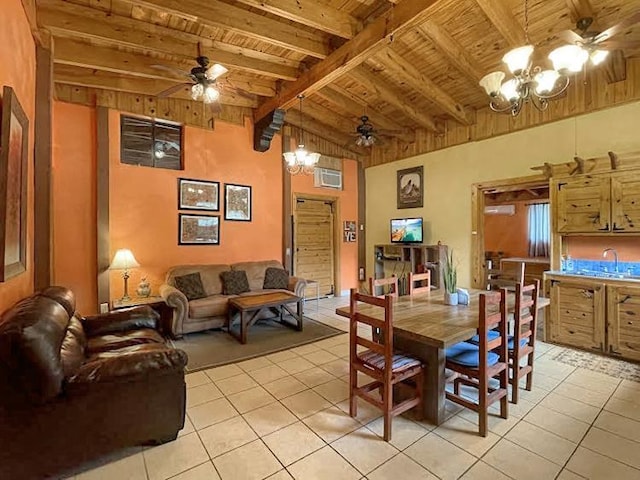 dining room with lofted ceiling with beams, light tile patterned flooring, wood ceiling, and a chandelier