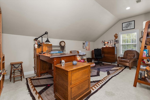 carpeted office space with lofted ceiling