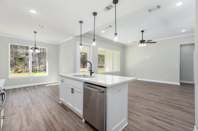 kitchen with visible vents, open floor plan, and stainless steel dishwasher