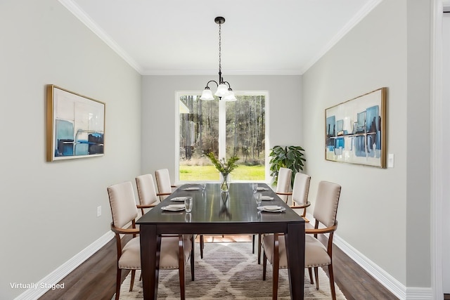 dining room featuring ornamental molding, baseboards, and dark wood-style floors