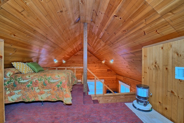 unfurnished bedroom featuring lofted ceiling, wood ceiling, and wood walls