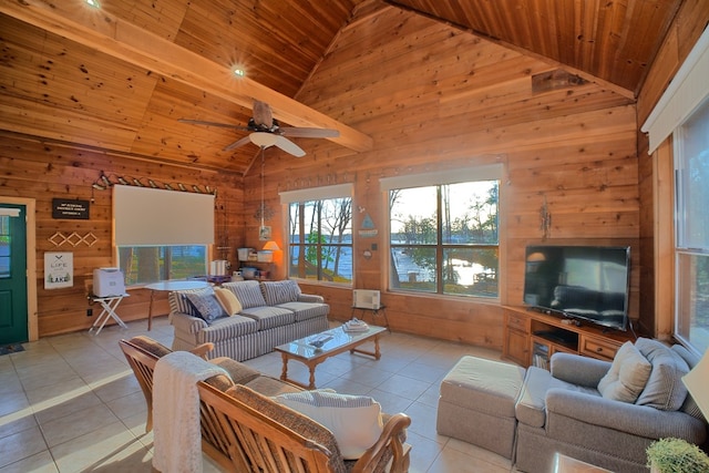 living room with light tile patterned flooring, wooden walls, and wooden ceiling