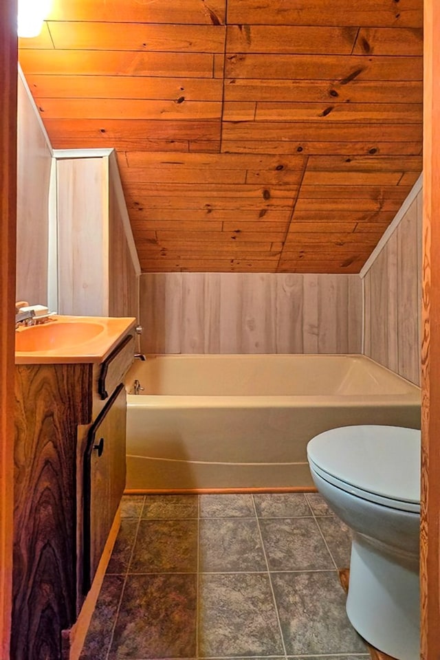 full bath with a bath, toilet, wooden ceiling, and vanity