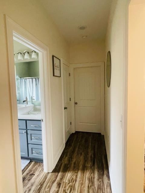 hallway featuring hardwood / wood-style floors and sink