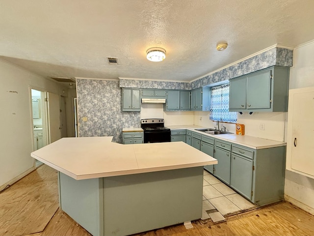 kitchen featuring sink, black electric range, light hardwood / wood-style flooring, a textured ceiling, and kitchen peninsula