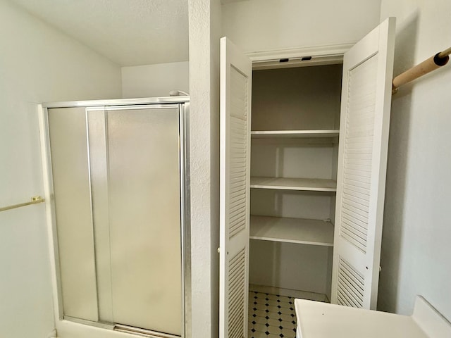 bathroom featuring a shower with shower door
