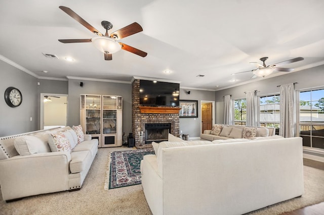 carpeted living room with a fireplace, visible vents, a ceiling fan, and recessed lighting