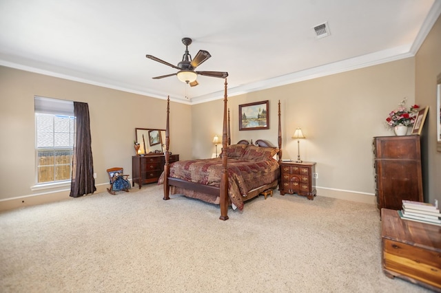bedroom featuring visible vents, carpet, and ornamental molding