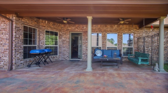 view of patio featuring a grill, an outdoor living space, and ceiling fan