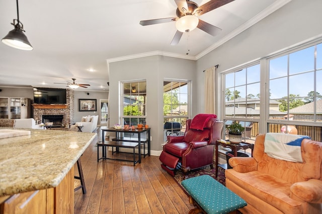 living area with dark wood-style floors, baseboards, ceiling fan, a fireplace, and ornamental molding