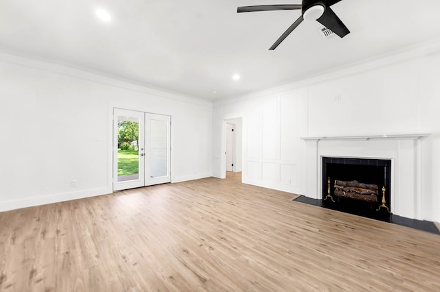 508 Jefferson Ave, Lufkin, TX 74904 - unfurnished living room featuring ornamental molding, light wood-style flooring, a fireplace, ceiling fan, and recessed lighting