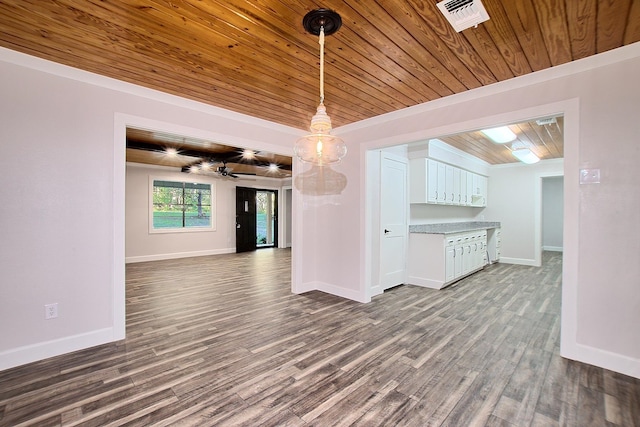 unfurnished room with ceiling fan, wood ceiling, visible vents, baseboards, and dark wood-style floors