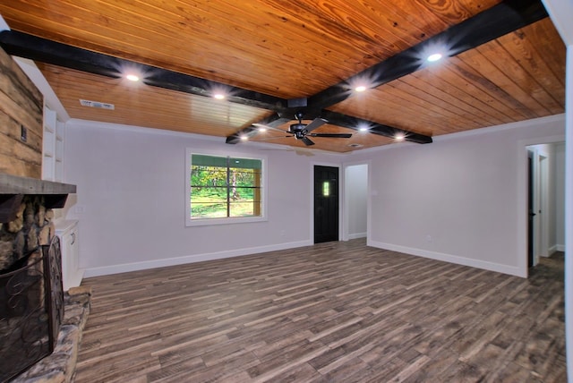 unfurnished living room with a fireplace, visible vents, wood ceiling, baseboards, and dark wood finished floors