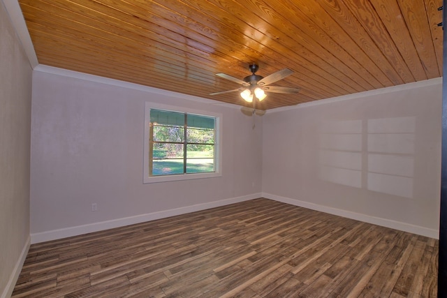unfurnished room featuring wooden ceiling, baseboards, ornamental molding, and dark wood finished floors