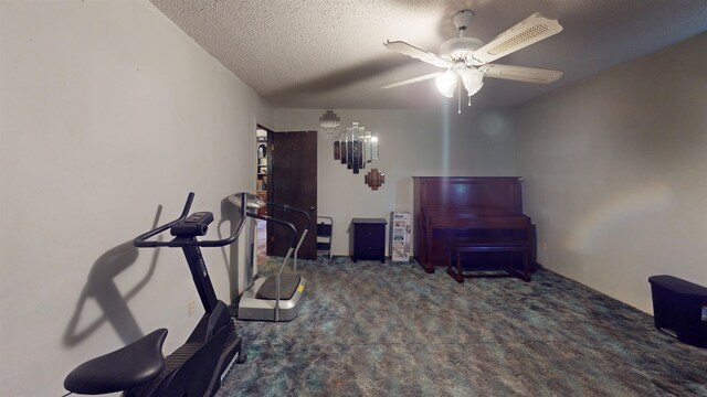 workout area with ceiling fan, carpet floors, and a textured ceiling