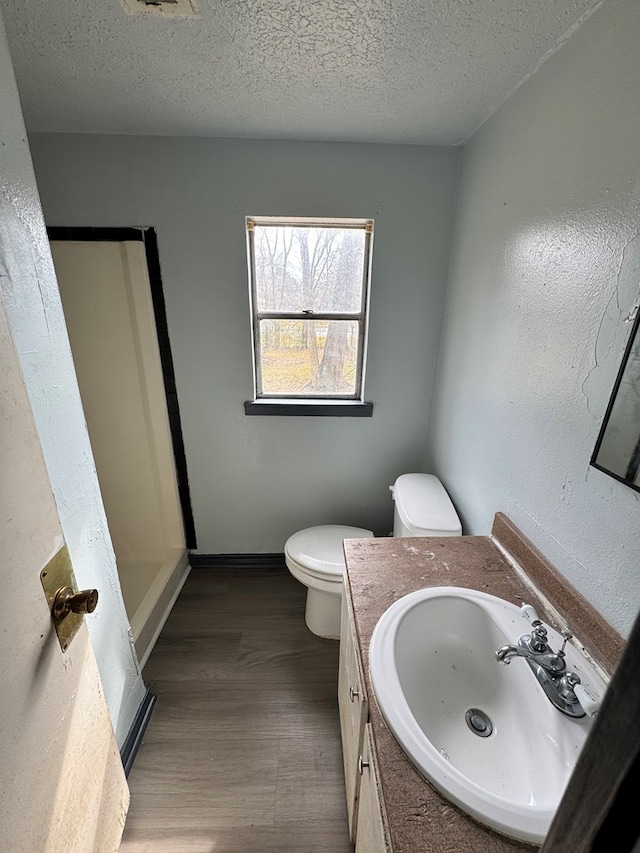 bathroom with vanity, wood-type flooring, toilet, and a textured ceiling