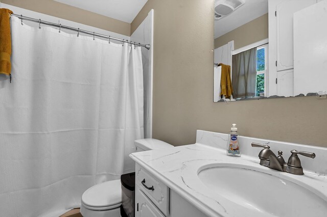 bathroom with toilet, vanity, and a shower with curtain