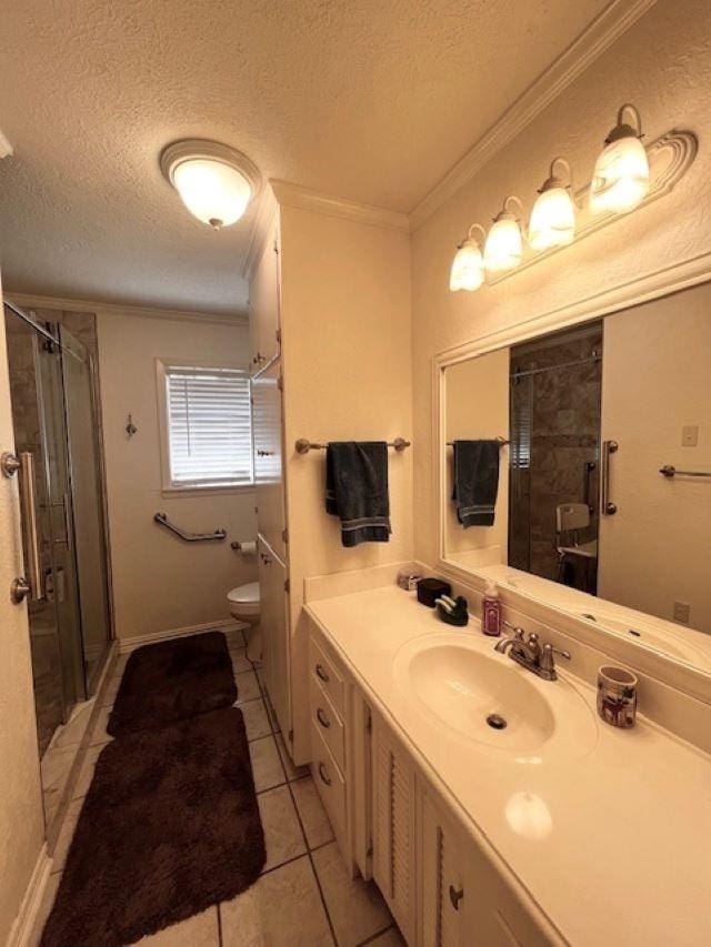 bathroom featuring tile patterned flooring, a textured ceiling, and crown molding