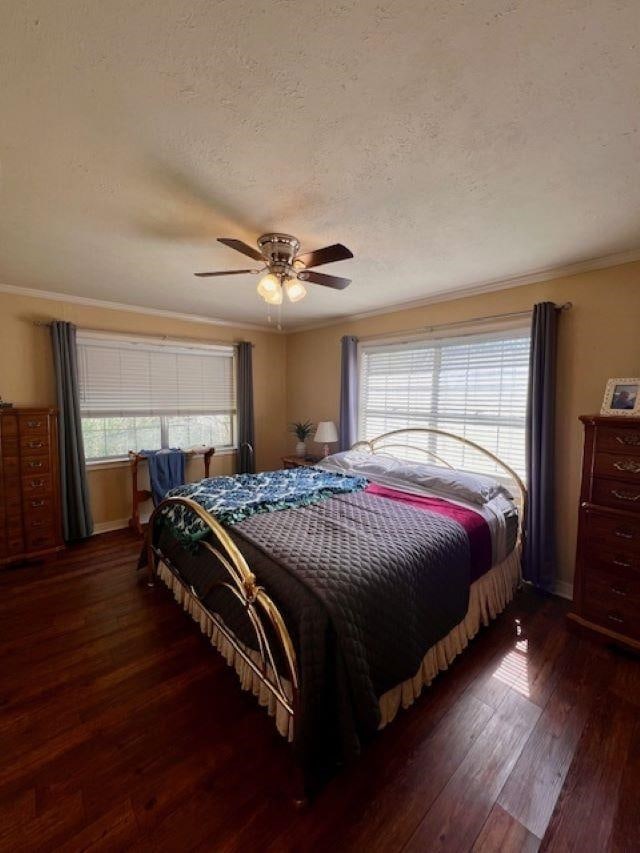 bedroom featuring ceiling fan, ornamental molding, dark wood-type flooring, and multiple windows