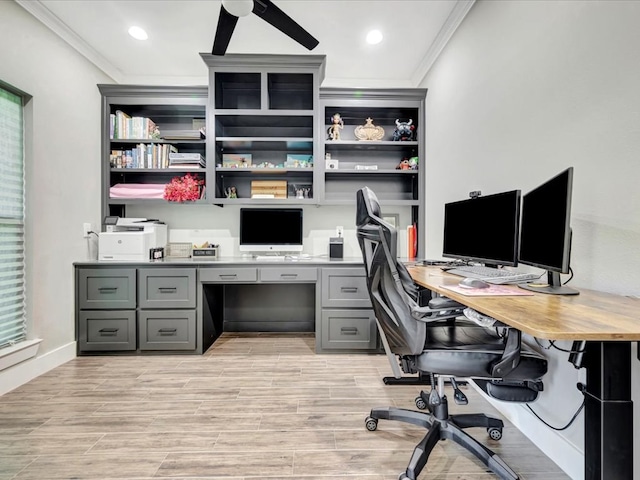 387 Cc Rd, Diboll, TX 75941 - office area featuring built in desk, a ceiling fan, ornamental molding, light wood-style floors, and recessed lighting