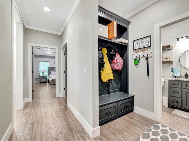 387 Cc Rd, Diboll, TX 75941 - mudroom featuring light wood finished floors, ornamental molding, baseboards, and recessed lighting