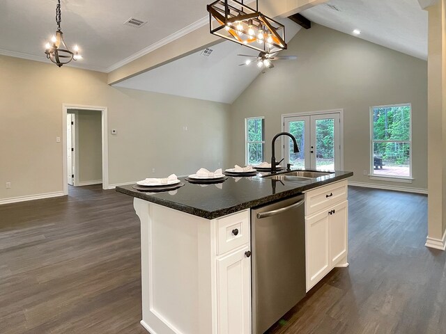 kitchen featuring visible vents, beam ceiling, a sink, dark wood finished floors, and dishwasher