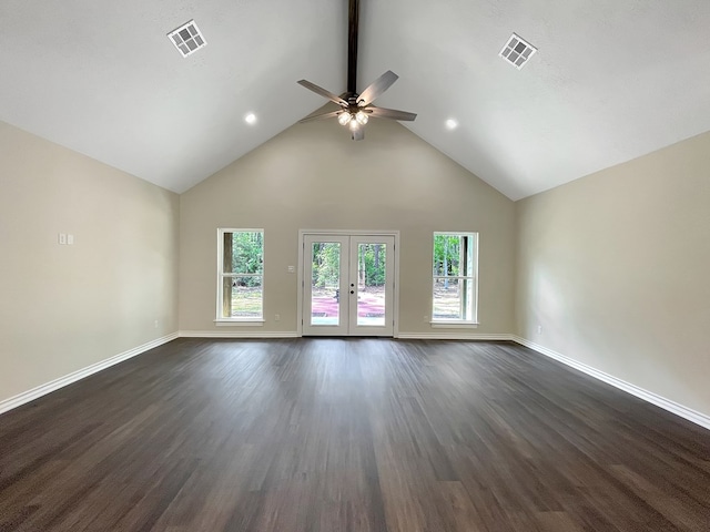 unfurnished living room featuring visible vents, baseboards, ceiling fan, and a healthy amount of sunlight