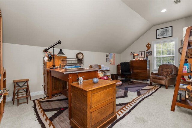 102 Harmony Hill Ct, Lufkin, TX 75901 - home office featuring vaulted ceiling, light carpet, and recessed lighting