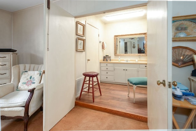 living area with light wood-type flooring, ornamental molding, and sink