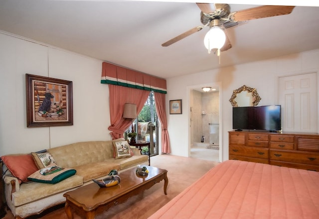 carpeted living room featuring ceiling fan