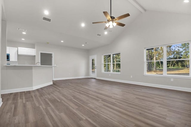 unfurnished living room featuring hardwood / wood-style floors, high vaulted ceiling, ceiling fan, and beam ceiling