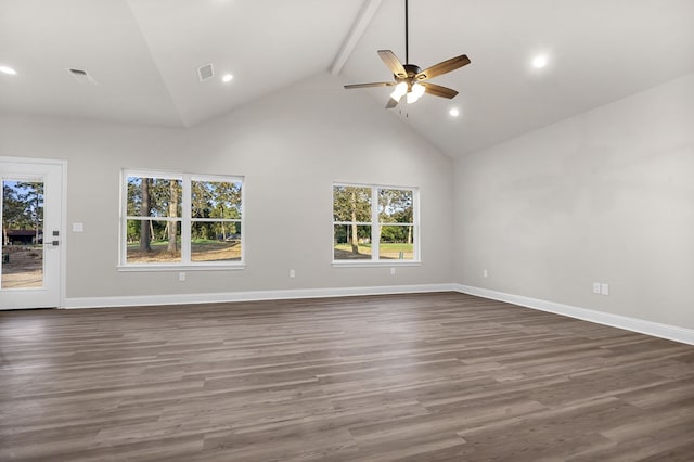 unfurnished living room with a wealth of natural light, beamed ceiling, high vaulted ceiling, and dark hardwood / wood-style floors